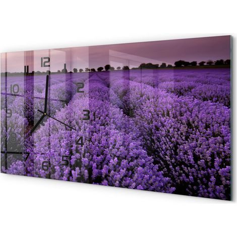 Horloge Tableau Murale 60x30 cm Verre Décoratif Silencieux Design Contemporain Champ de lavande (1/5)