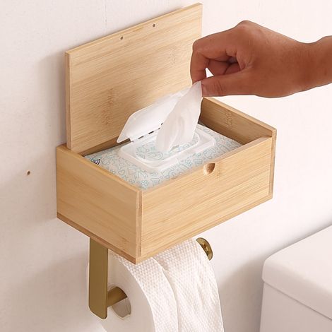 Toilettenpapierhalter aus Bambus für Toilettenpapier und Feuchttücher, eleganter und moderner Badezimmer-Rollenhalter, vielseitiges und umweltfreundliches Design
