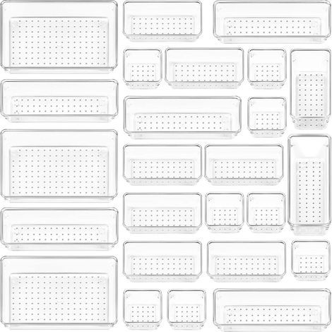 Lot de 25 Organisateurs de Tiroir – 4 Tailles, Rangement Tiroir en Plastique Transparent – Parfait pour Salle de Bain, Coiffeuse, Bureau, Cuisine (1/5)