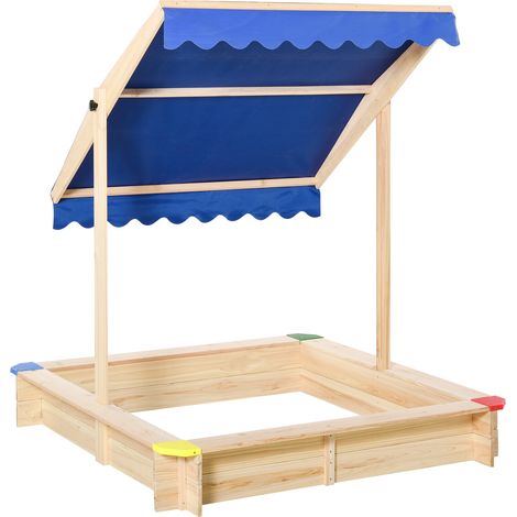 Bac à Sable Bois carré avec Couvercle dim. 1,2L x 1,2l x 1,2H m - Hauteur et Inclinaison Toit réglables - Bois Naturel de pin