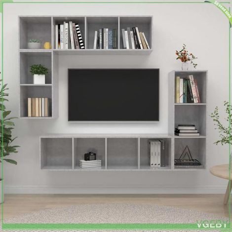 Ensemble de meubles TV 4 pcs - 3079821 - Gris béton - Bois d'ingénierie - Fixé au mur (1/5)