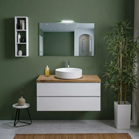 Meuble Salle De Bain Suspendu 100 Cm Blanc Export Avec Plan Chêne Naturel, Miroir Et Lampe Berlin (1/5)