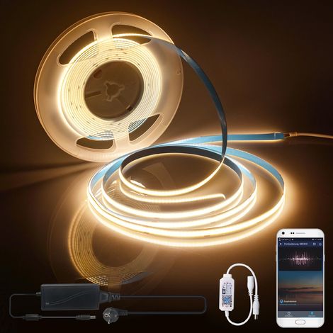 WIFI 5M 12V Ruban LED COB Blanc Chaud avec Adaptateurs et Contrôleur, 3000K COB Bande LED Chambre Lumiere LED Strip, Densité Lumière Uniforme, 320LEDs/M (1/5)