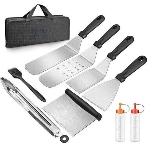 9 Pcs Ensemble d'ustensiles de Barbecue Acier Inoxydable, Ensemble d'accessoires pour Plaque chauffante Professionnelle BBQ, Barbecue Spatule ustensiles Set, Ustensile de barbecue (1/4)