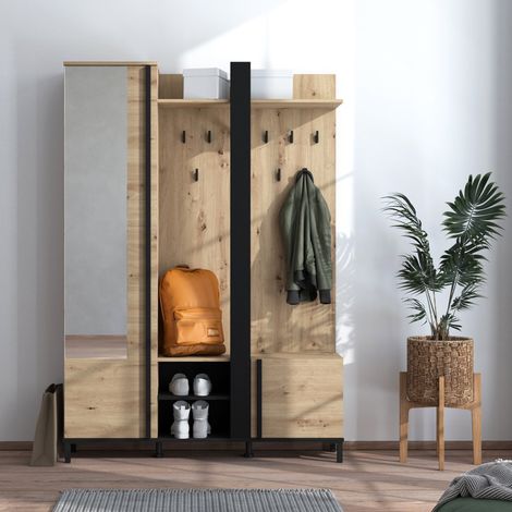 Pandino Garderobenmöbel, Spiegel inklusive, 7 Ablagen, Kleiderhaken, 135x35x193h cm, Braun, Ast-Eiche (1/5)