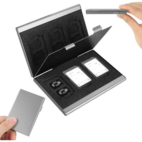 Soporte aluminio tarjetas SD TF, Estuche rígido tarjetas memoria capacidad 6 tarjetas SD + 12 tarjetas TF, duradero protector, Plateado, 2 piezas (1/5)