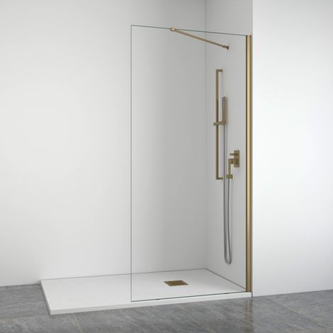 BELLOBATH - Mampara de ducha frontal panel fijo - Transparente - Perfilería Dorada - Brazo Articulado - Ancho Adaptable 98-100 - Alto 195