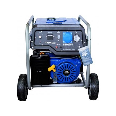 Hyundai – Groupe électrogène essence monophasé 5,5 kW – Démarrage électrique – 1x16A + 1x32A – Alarme bas niveau huile – 78 dBA à 50% charge (1/5)