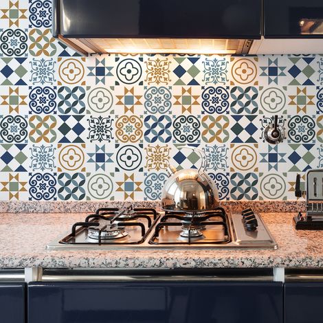 Sticker Mural Carrelage adhésif Cuisine Salle de Bain - 24 STICKERS CARRELAGES AZULEJOS HERVIA - 24stickers10x10cm (1/5)