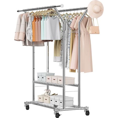 Portant à vêtements roulant en acier carbone avec 2 barres de suspension, 2 étagères, hauteur réglable, charge 120 kg pour chambre ou buanderie (1/5)