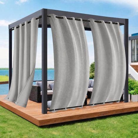 Rideau Extérieur Imperméable, Rideaux Occultant avec Corde Thermiques Anti Chaleur Anti UV, Gris Clair Rideau Extérieur avec Onglet en Haut pour Pergola, Gazebo etc L 132 x H 244 cm, Lot de 2 (1/5)