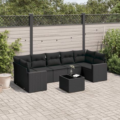 8-tlg. Garten-Sofagarnitur mit Kissen Schwarz Poly Rattan (1/3)