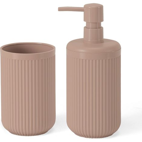Set accessori bagno 2 pz con dispenser e portaspazzolino rosa cannettato Arizona (1/5)