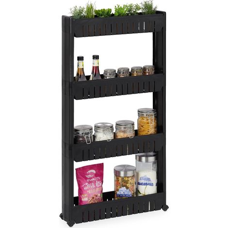 Étagère de Cuisine à roulettes, 4 Niveaux, Rangement étroit, HLP 101x12,5x54 cm, Plastique, Noir (1/5)