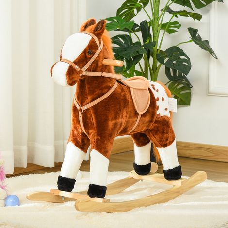 Cheval à bascule en bois avec son d'animal, cadeau jouet pour enfants, 74 x 28 x 65 cm, marron (1/5)