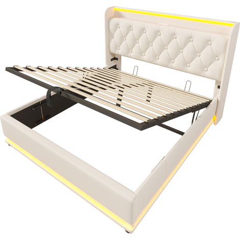 Cama doble tapizada 140 x 190 cm blanca con LED 360°, USB-C y arcón hidráulico HOMVRA (1/5)