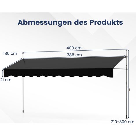 Grand store banne extérieur noir sans perçage avec manivelle, dimensions 400 x 210-300 cm, angle réglable 0°-180°, toile polyester imperméable anti-UV pour terrasse, balcon et jardin (1/5)