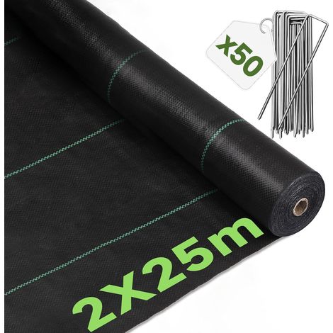 Mulching Cloth 2 x 25 m with 50 Pegs – Woven Geotextile 100 g/m² Heavy Duty and Permeable, Mulching Cloth for Landscaping, Large Areas and Under Grass (1/5)