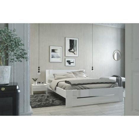 M&S – Lit adulte contemporain blanc brillant 140x190 cm – Panneaux de particules robustes – Made in France (1/5)