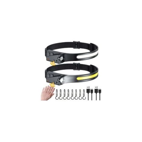 Linterna frontal LED recargable, ligera e impermeable con 8 clips, gran angular de 230°, 350 lúmenes, con sensor para niños y adultos, ideal para acampar y correr. Paquete de 2 unidades. [Energy Class