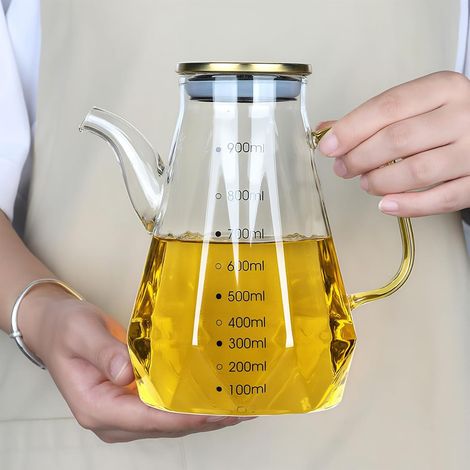 Bottiglia per olio in vetro - Bottiglia per olio d'oliva in vetro per la cucina, bottiglia per olio da cucina in vetro con ampia apertura, coperchio e manico (900 ml) (1/3)