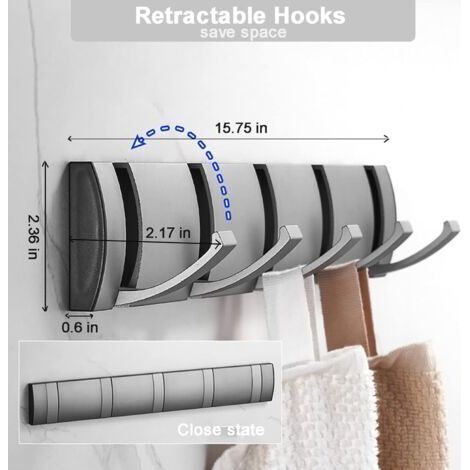 Porte-manteau mural robuste en aluminium avec 5 crochets rétractables pour suspendre vêtements, chapeaux, sacs à main et clés – Gris