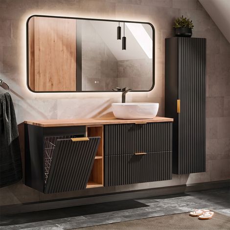 Conjunto mueble lavabo individual 140cm 2 compartimientos cesto y columna Adriel Negro y Madera (1/4)
