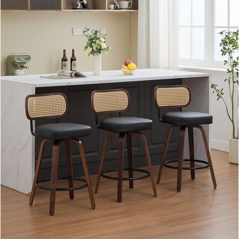 Set de 3 tabourets de bar en bois et PU noir, pivotants 360°, dossier cannage ventilé,56×43×90cm (1/5)