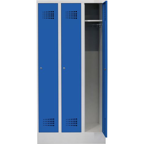 STIER Garderobenspind Premium mit Sockel 3 Abteile Zylinderschloss lichtgrau/enzianblau