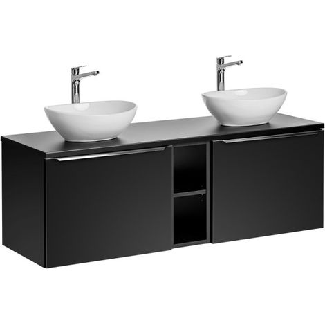 Meuble Double Vasques à poser L 140 cm x P 46 x H 48,5 cm - Noir et poignées argentées chromées - Rosario Black - Livraison gratuite