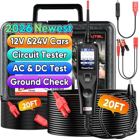 Autel® PowerScan PS100 Testeur Circuits Automobile, Sonde Alimentation 12-24V, Détecteur Court Circuit, Multimètre Numérique, Test Résistance Relais & Diode, Vérification Mise à Terre, Câble 12M, Noir (1/5)
