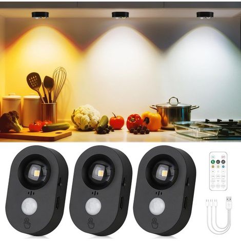 3 unidades – Luces LED tipo disco con sensor de movimiento – Recargables, regulables, adhesivas, blanco cálido, negro (1/5)