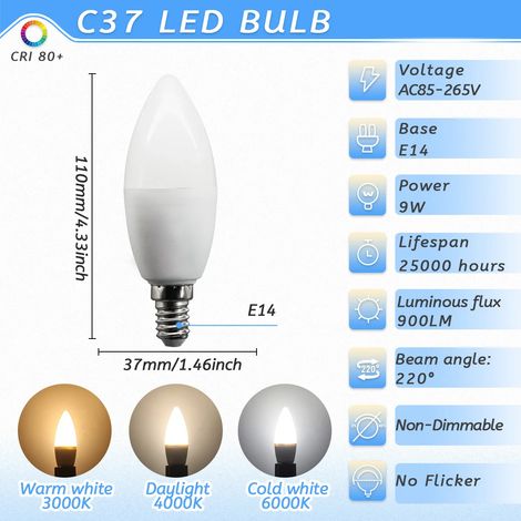 (C37 9W, Blanc froid 6000K) 10 ampoules LED E14, AC220V, adaptées aux suspensions, économes en énergie et respectueuses de l'environnement.