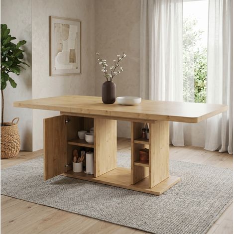 Table à manger extensible 140/180 x 80 cm avec rangement, MDF, coloris chêne, REDOM (1/5)