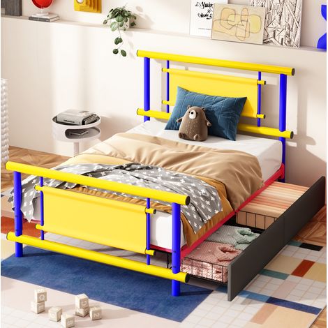 Lit enfant 90x200 cm avec tiroirs, structure stable, en métal, bleu, sans matelas (1/5)