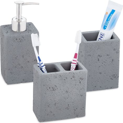 Relaxdays Set da 3 Accessori Bagno, Dispenser Sapone, Portaspazzolini, Bicchiere Dentifricio, Cemento e Acciaio, Grigio, 90% 10% Inox (1/5)