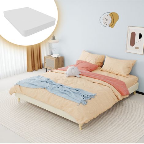 Cama moderna de tela beige 160x200 cm, estructura metálica, somier bajo sin cabecero