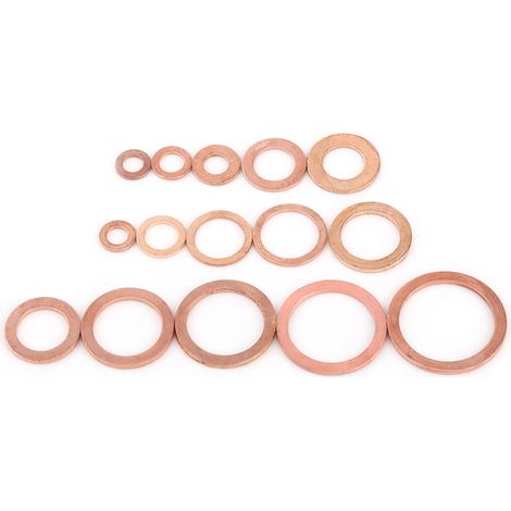 Set mit 150 flachen Kupferscheiben, 15 metrische Größen, mit Schachtel. (1/5)