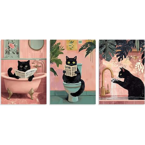 Lot De 3 Tableaux Muraux Chats pour Salle De Bain, Poster sur Toile, Décoration Humoristique pour Salle d'eau, Images Créatives pour Salle De Bain, Affiche Fanta (1/5)