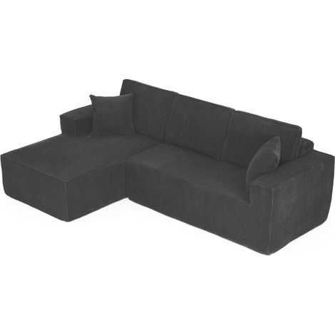 Canapé d'angle modulaire 2 places en velours côtelé noir avec chauffeuse, rembourrage en mousse haute densité (1/5)