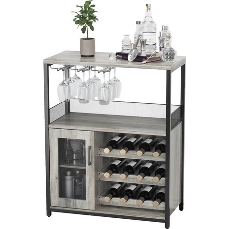 Meuble Bar / Cave à Vin en Bois, Porte-Verres et Casier Amovible, 72x35x90 cm, Gris (1/5)