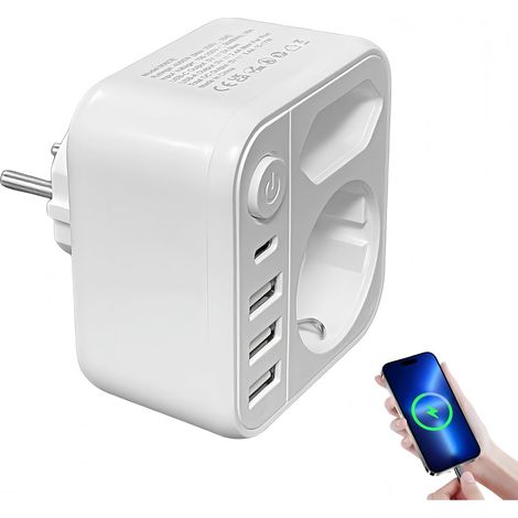 Multiprise 6 en 1 avec 4 Prises USB, 2 Prises (4000 W/16 A), Double Prise avec Interrupteur, pour la Maison, Le Bureau, Les Voyages, Adaptateur de Prise Compact (1/5)