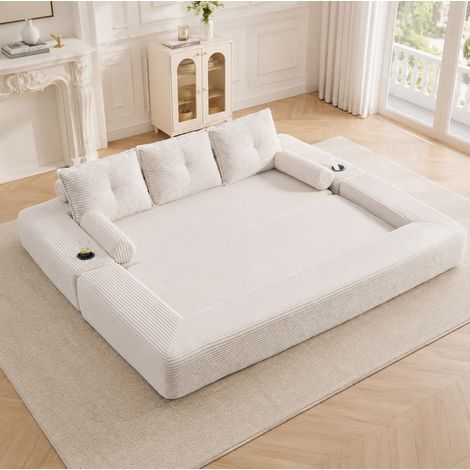 Schlafcouch Sofa aus Cord mit Getränkehalter Beige OKMYHOME (1/5)