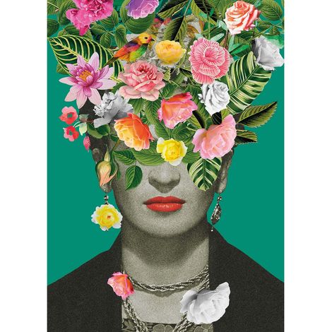 Tableau multicolore à fleurs pour salon | Tableau vert moderne tête de femme fleurie | Tableau sur toile original pour chambre adulte - 0,5 x 0,7 m (1/2)