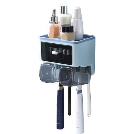 Porte-brosse à dents mural sans perçage, support pour gobelet rince-bouche, rangement toilettes bleu 2 verres (1/5)