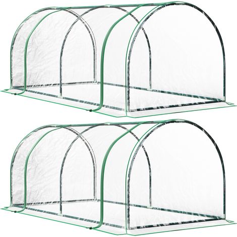 Set of 2 Tunnel Greenhouse, Green Grow House with Roll-up Door, Steel Frame, Plastic Cover for Garden, Outdoor, 200 x 100 x 80cm, Clear