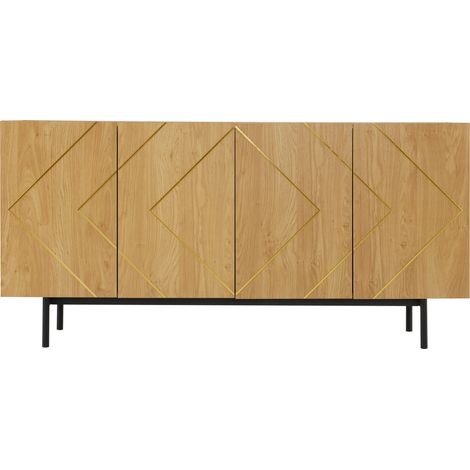 CAIziBuffet salon 4 portes métal, meuble bois naturel, 160x40x78 cm