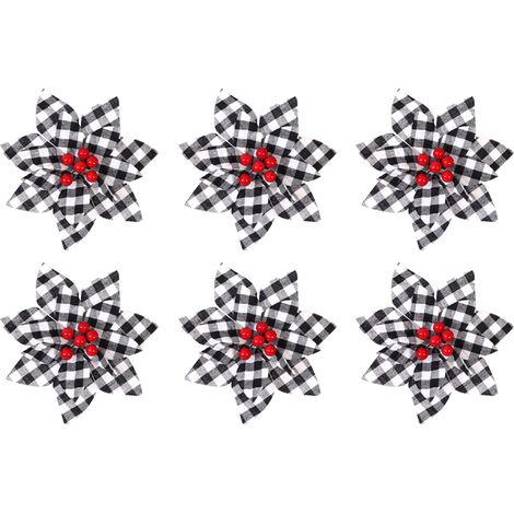 Fleur De Noël En Plaid - Tige En Fil Métallique Souple - Pour Arbre De Noël Ancien Couronne Décorative Mariage Fête D'hiver - Lot De 6 (1/5)