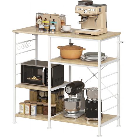 Étagère de cuisine en chêne avec tablettes en bois et métal et 5 crochets, gain de place, 90 x 39 x 83,5 cm
