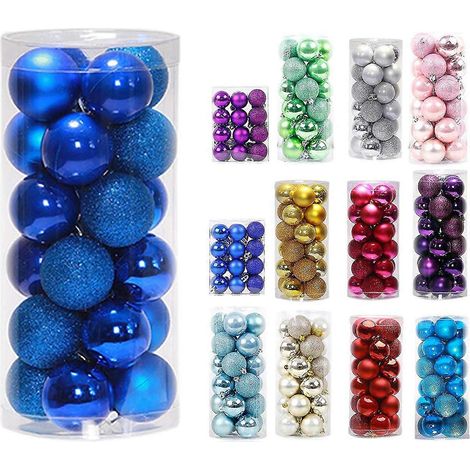24 boules de Noël multicolores, 6 cm (2,36 pouces), bleu foncé, pour décorer un sapin, un mariage ou toute autre fête. (1/4)